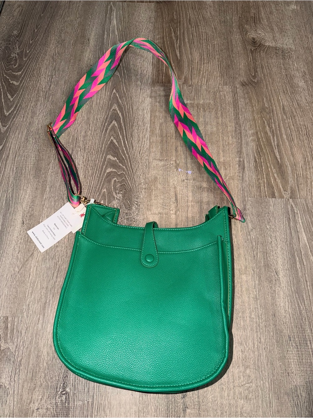 Vibrant Green Crossbody Bag with Multicolor Woven Strap